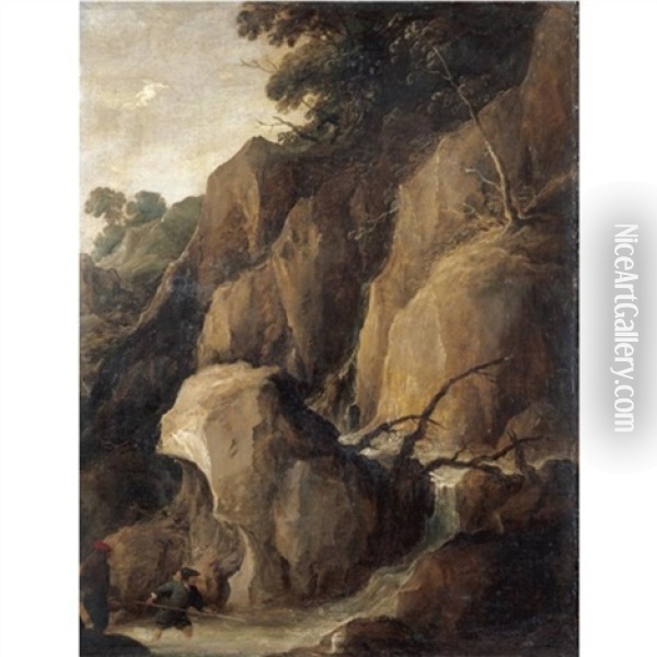 A Rocky Torrent With Fishermen Oil Painting - Joos de Momper the Younger