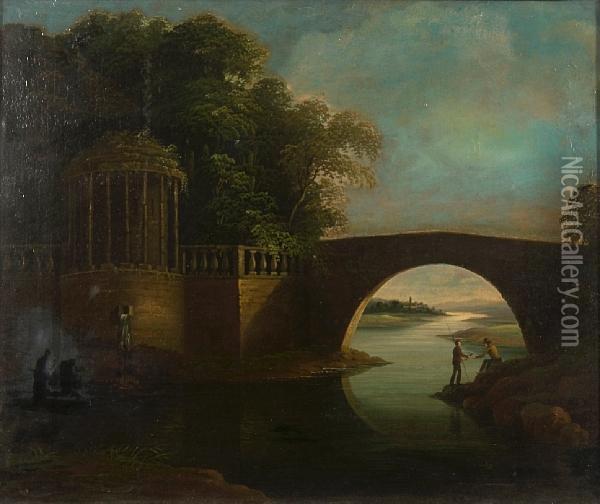 Fishermen Within An Italianate Landscape Withbridge And Folly Oil Painting - Julius Caesar Ibbetson