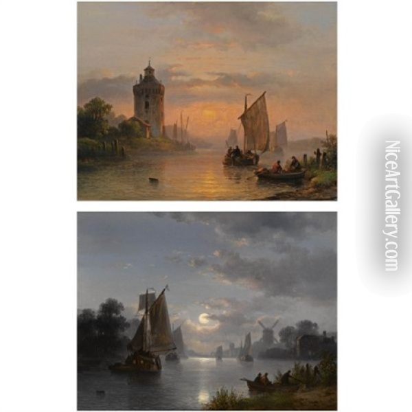 A River Landscape At Dusk (+ A River Landscape At Dawn; Pair) Oil Painting - Lodewijk Johannes Kleijn