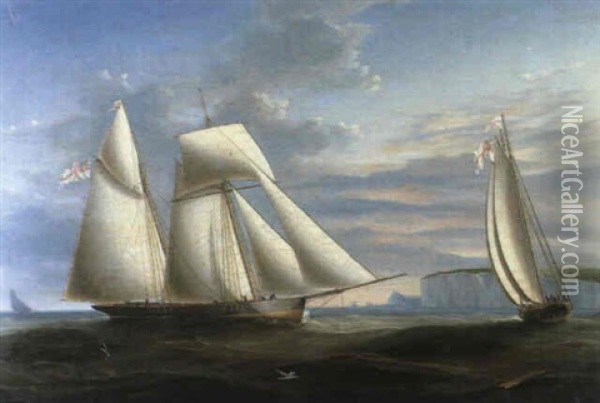 A Topsail Schooner And A Schooner Of The Royal Yacht        Squadron Tacking In A Foul Tide To The West... Oil Painting - Nicholas Matthew Condy