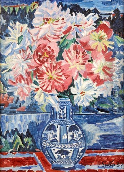 Still Life With Pink And White Flowers In A Blue Paint Decorated Vase Oil Painting - Vaclav Spala