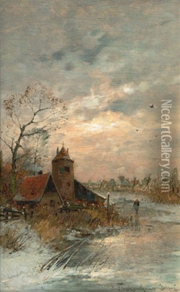 Winterlandschaft Mit Dorf Oil Painting - Heinz Flockenhaus