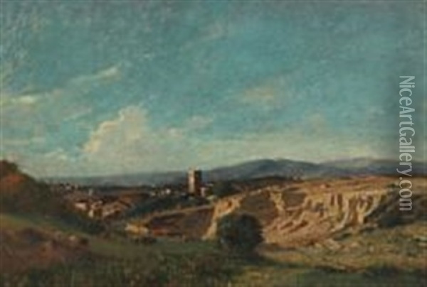 Italian Scenery With View Over A City Oil Painting - Thorald Laessoe