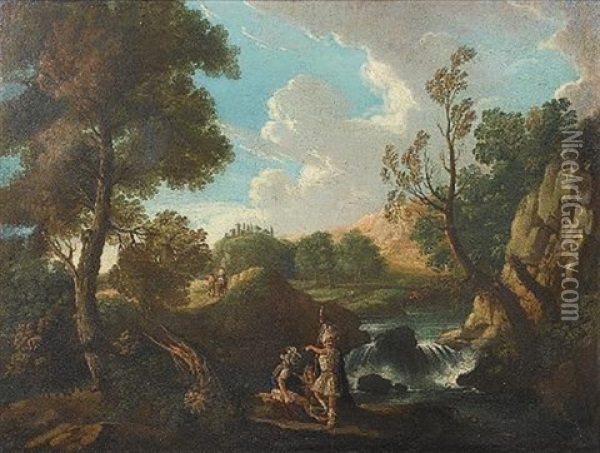 An Italianate Landscape With Classical Warriors Resting Beside A Waterfall, Travellers On A Path Beyond Oil Painting - Andrea Locatelli