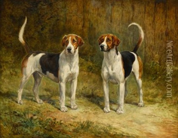 Fox Hounds And Companion (pair) Oil Painting - Heywood Hardy