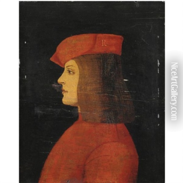 Ritratto Maschile Di Profilo In Abito E Berretto Rosso Oil Painting - Baldassarre d' Este