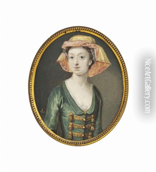 A Young Lady, In Decollete Green Dress, Gold Embroidered Frogged Bodice, Wearing A Red And Yellow Scarf Over Her Upswept Hair Oil Painting - Bernard (Goupy) Lens III