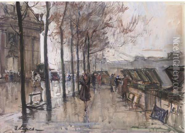 Les Bouquinistes Sur Les Bords De La Seine Oil Painting - Georges Lapchine