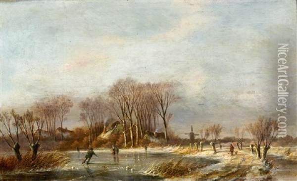 Hollandische Winterlandschaft Am Kanal Oil Painting - Louis (Ludwig) Sierig