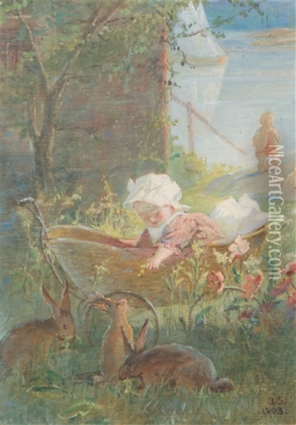 Child And Rabbits Oil Painting - Alexandra Frosterus-Saltin