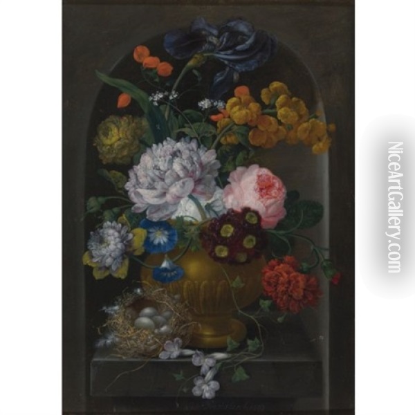 Still Life Of Peonies, A Rose, Primroses, An Iris And Other Flowers In A Vase With A Bird's Nest, Resting On A Stone Ledge Within A Niche Oil Painting - Johann Baptist Drechsler