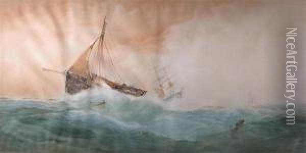 Fishing Boat In Stormy Seas Oil Painting - George Whitaker