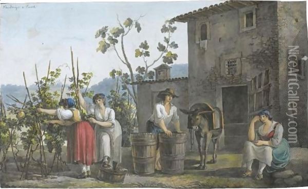 Peasants Harvesting Grapes, Near Tivoli Oil Painting - Franz Kaisermann