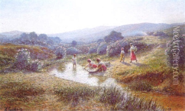 Washerwomen In A Landscape Oil Painting - Antoine Gadan