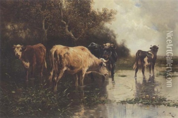 Kuhe Im Seichten Wasser Eines Teiches Oil Painting - Henry Schouten