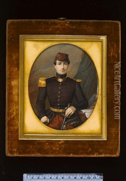 An Officer Of The Crimean War Wearing Brown Coat With Gold Epaulette, Contre-epaulette, Gorget And Braided Belt, Crimson Trousers And Matching Cap With Black Trim Oil Painting - Amelie Daubigny