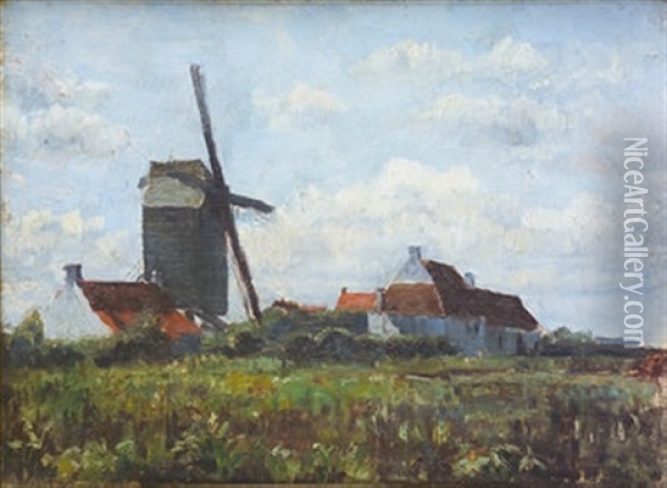 Cottages & Windmill Oil Painting - Dermod O'Brien