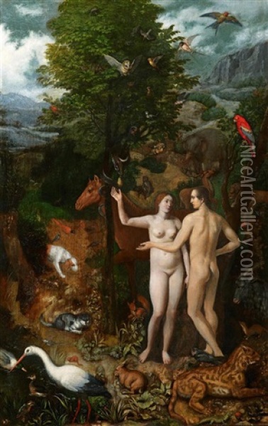 Adam Und Eva In Einer Weiten Landschaft, Umgeben Von Diversen Tieren, Vogeln Und Insekten Oil Painting - Hans Savery the Younger