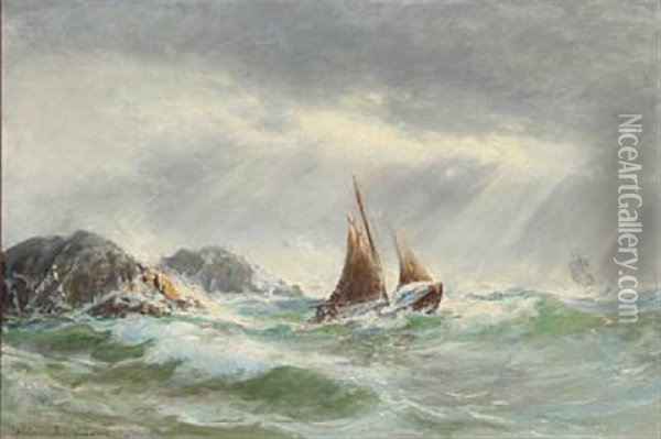 Coastal Scene With Sailing Ships In High Waves Oil Painting - Holger Henrik Herholdt Drachmann