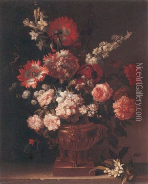 A Still Life Of Roses, Carnations, Stocks, Poppies And Tobacco Plants, With A Sprig Of Orange-blossom Upon A Stone Ledge Oil Painting - Jean-Baptiste Monnoyer