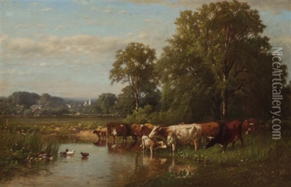 Cows And Ducks Along The River Oil Painting - James McDougal Hart
