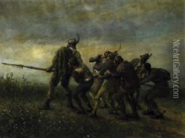 The Seven Swabians. Signed Lower Left: Ferdinand Leeke Munchen Oil Painting - Ferdinand Leeke