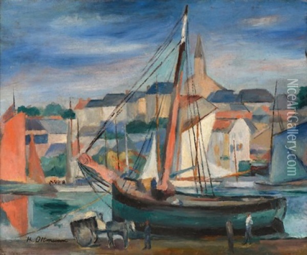 Thonier Dans Un Petit Port Oil Painting - Henri Ottmann