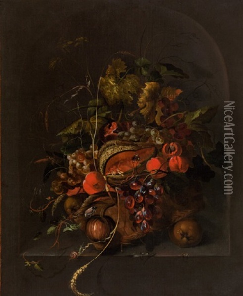 Still Life With Fruits, Vine Leaves, Ears Of Corn And Insects In A Stone Niche Oil Painting - Ernst Stuven