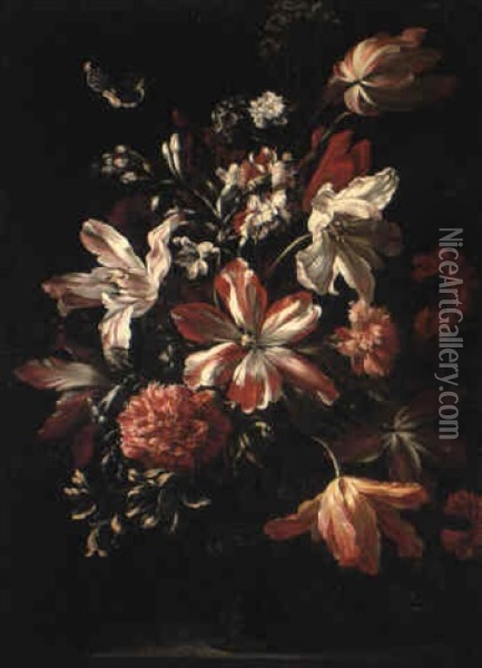 Flowers In An Urn On A Pedestal Oil Painting - Bartolome Perez