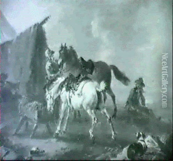 Rastende Reiter Vor Einem Zelt Oil Painting - August Querfurt