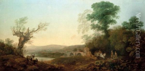 River Landscape With Travellers 
Resting On The Edge Of A Wood A Horse Drawn Cart
 Before A Bridge And Donkeys On A Bank Oil Painting - Thomas Gainsborough
