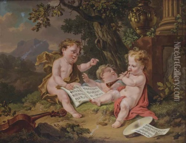 Three Putti Making Music Before A Classical Column With An Urn And Relief Sculpture, A Mountainous Landscape Beyond Oil Painting - Egbert Van Drielst