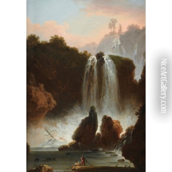 Paysage De Cascades En Italie Anime De Personnages; (+ Vue D'un Temple De Vesta; Pair) Oil Painting - Francesco Fidanza