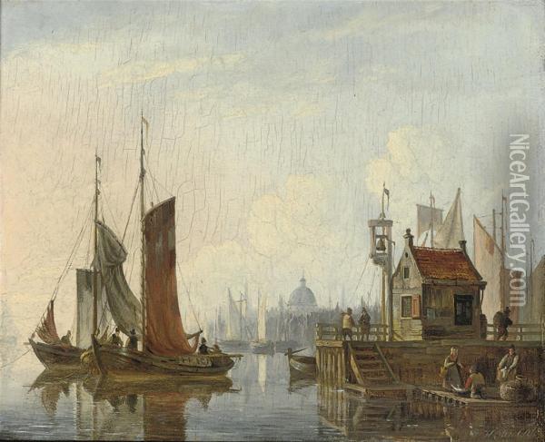 Shipping Near Amsterdam, With A Ferry On The Right Oil Painting - Hendrik Gerrit ten Cate