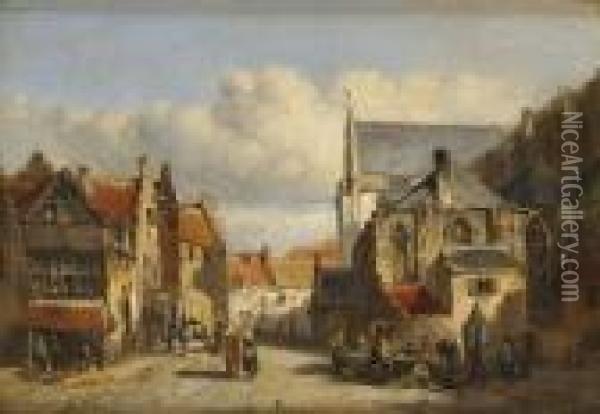 Rue Animee Pres D'une Eglise Oil Painting - Johan Mari Ten Kate