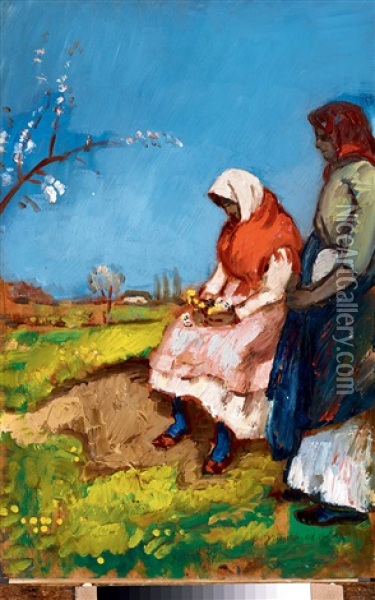 Girls In The Fields Oil Painting - Bela Ivanyi Gruenwald