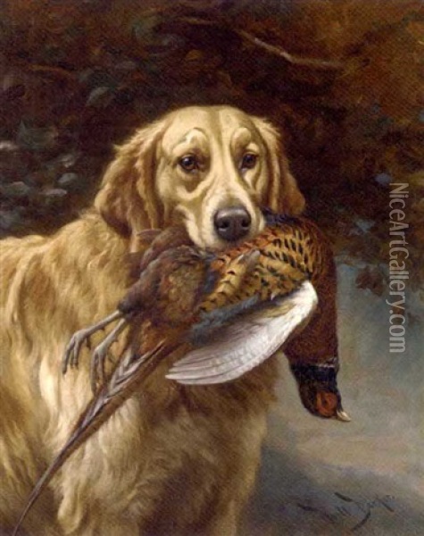 A Golden Retriever With A Pheasant Oil Painting - Wright Barker