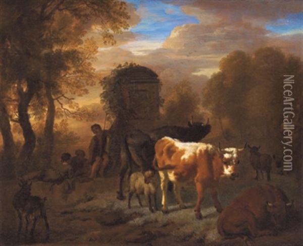 Hirte Und Herde In Einer Sudlichen Landschaft (+ Eine Herde, Ein Maultier Und Ein Hirte Vor Antiken Ruinen In Einer Sudlichen Landschaft; Pair) Oil Painting - Dirk van Bergen