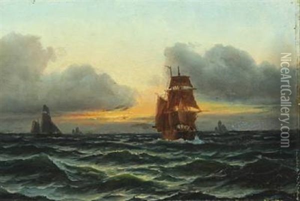 Seascape With Sailing Ship Oil Painting - Carl Ludwig Bille