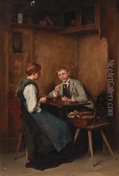 Young Pair In Conversation Oil Painting - Anton Laupheimer