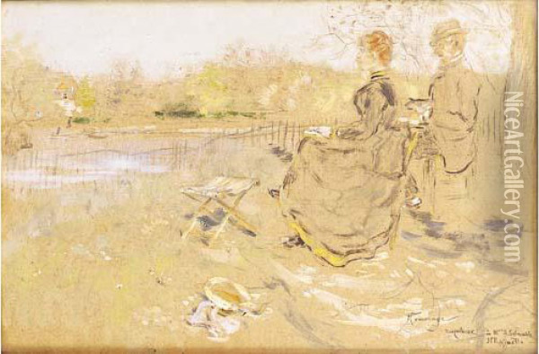 Couple Au Bord De La Riviere Oil Painting - Jean-Francois Raffaelli