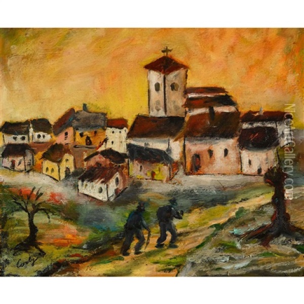 Zwei Bauern Vor Einem Dorf Oil Painting - Giovanni-Battista Corti