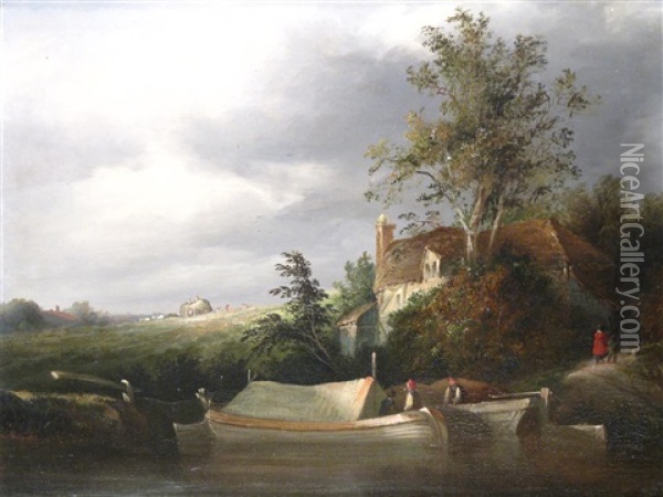 A Canal With Barges Oil Painting - Henry John Boddington