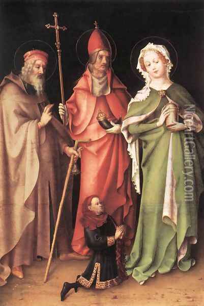 Saints Catherine, Hubert and Quirinus with a Donor c. 1435 Oil Painting - Stefan Lochner