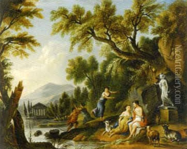 Bergere Et Berger Jouant De La Flute Au Bord D'une Riviere Oil Painting - Jean Baptiste Lallemand