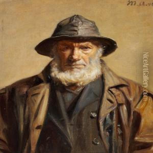 The Fisherman Soren Kruuse With A Dark Sou'wester And Coat Oil Painting - Michael Ancher