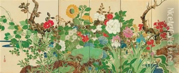 Flowers Of The Four Seasons Oil Painting - Kiitsu Suzuki