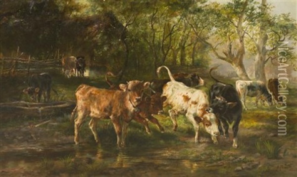 Calfs At The Stream Oil Painting - Anton Braith