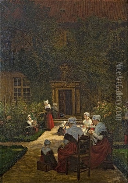 Stickende Frauen In Einem Garten Oil Painting - Walter Firle