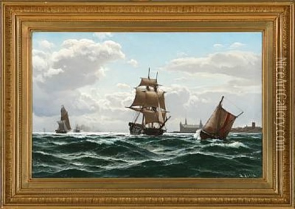 Sailing Ships Off The Coast Of Elsinore Castle Oil Painting - Laurits Bernhard Holst